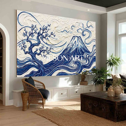MesonArt 3D Textured Mount Fuji Oil Painting - Blue White Impasto Canvas Wall Art for Living Room