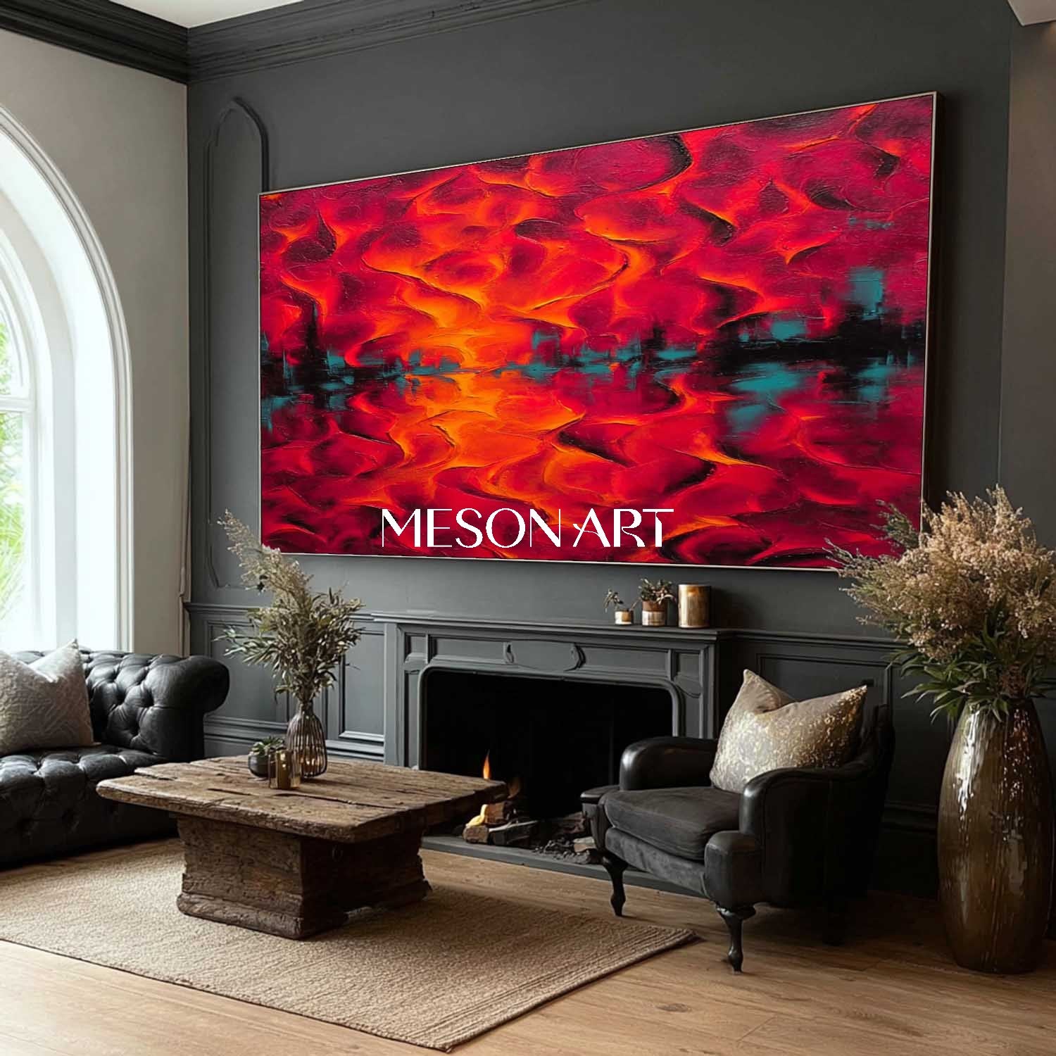Big Fiery Abstract Expressionist Oil Painting Large Red Wall Art Decor