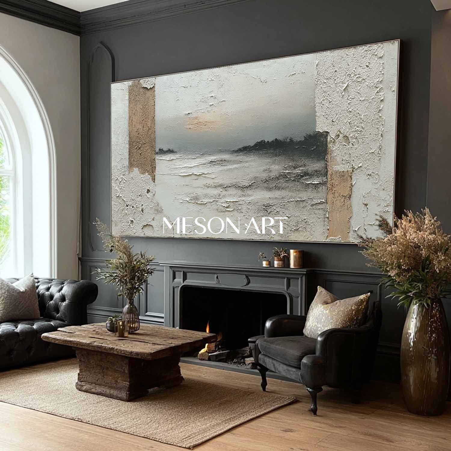 Large Gray Minimalist Landscape Painting Wabi-Sabi Textured Wall Art