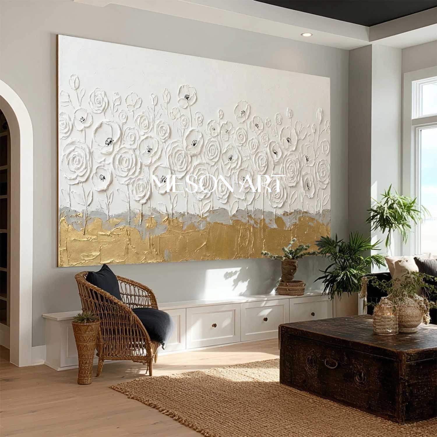 Panoramic Textured Abstract Floral Canvas Art Plaster Flower Painting