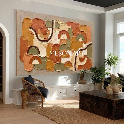 Bohemian Minimalist Oil Painting Abstract Textured Art With Arched Lines.