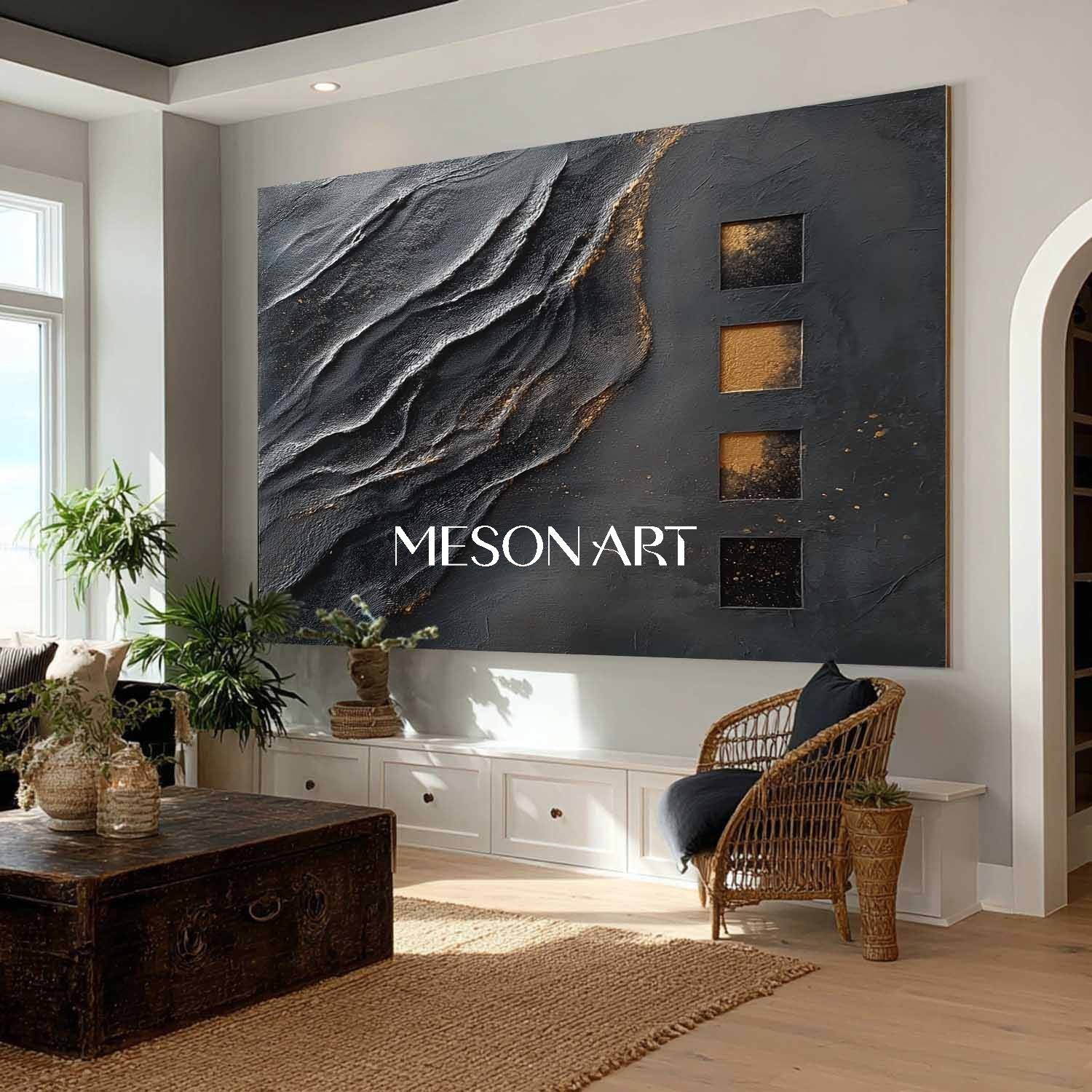 Buy Black and Gold Textured Abstract Art for Living Room or Entryway