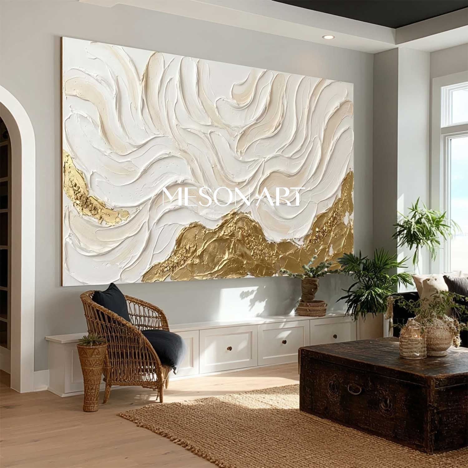 Panoramic 3D Textured Abstract Canvas Art | Gold Wave Wall Decor