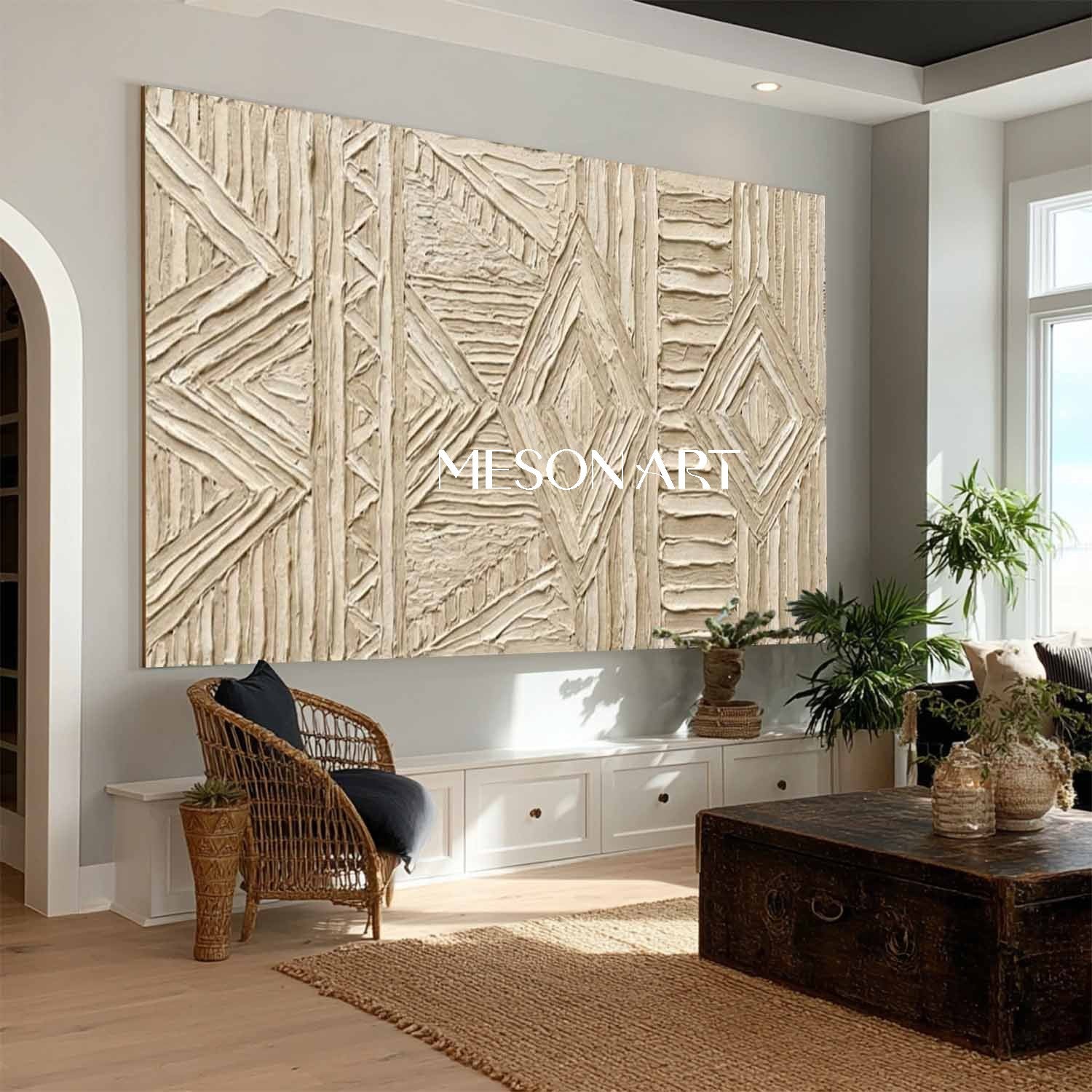 Panoramic Beige Tribal Geometric Art | 3D Textured Relief Decor