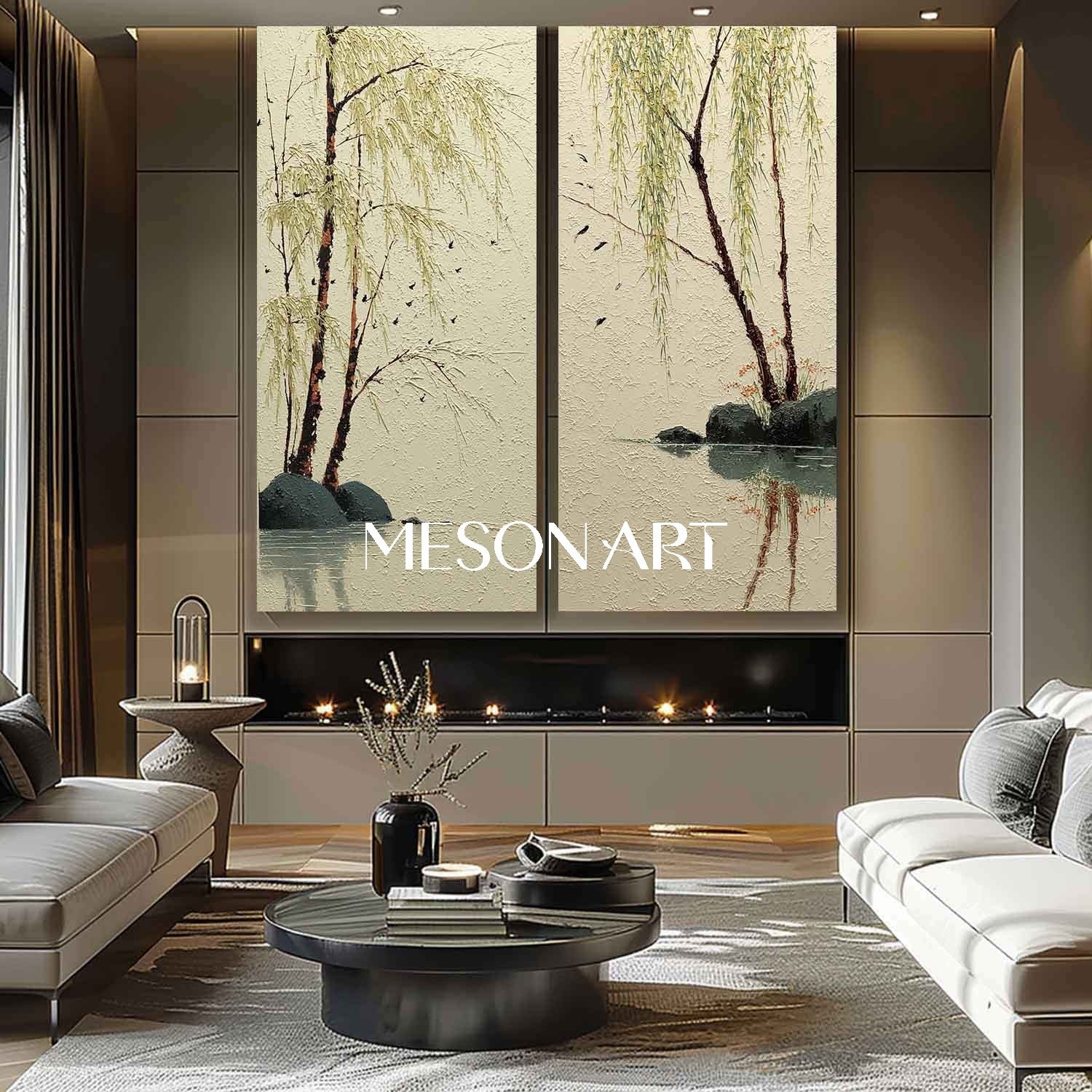 Large 2-piece Textured Chinese-Style Nature Painting on Canvas – Willow Grove Scene | Mesonart