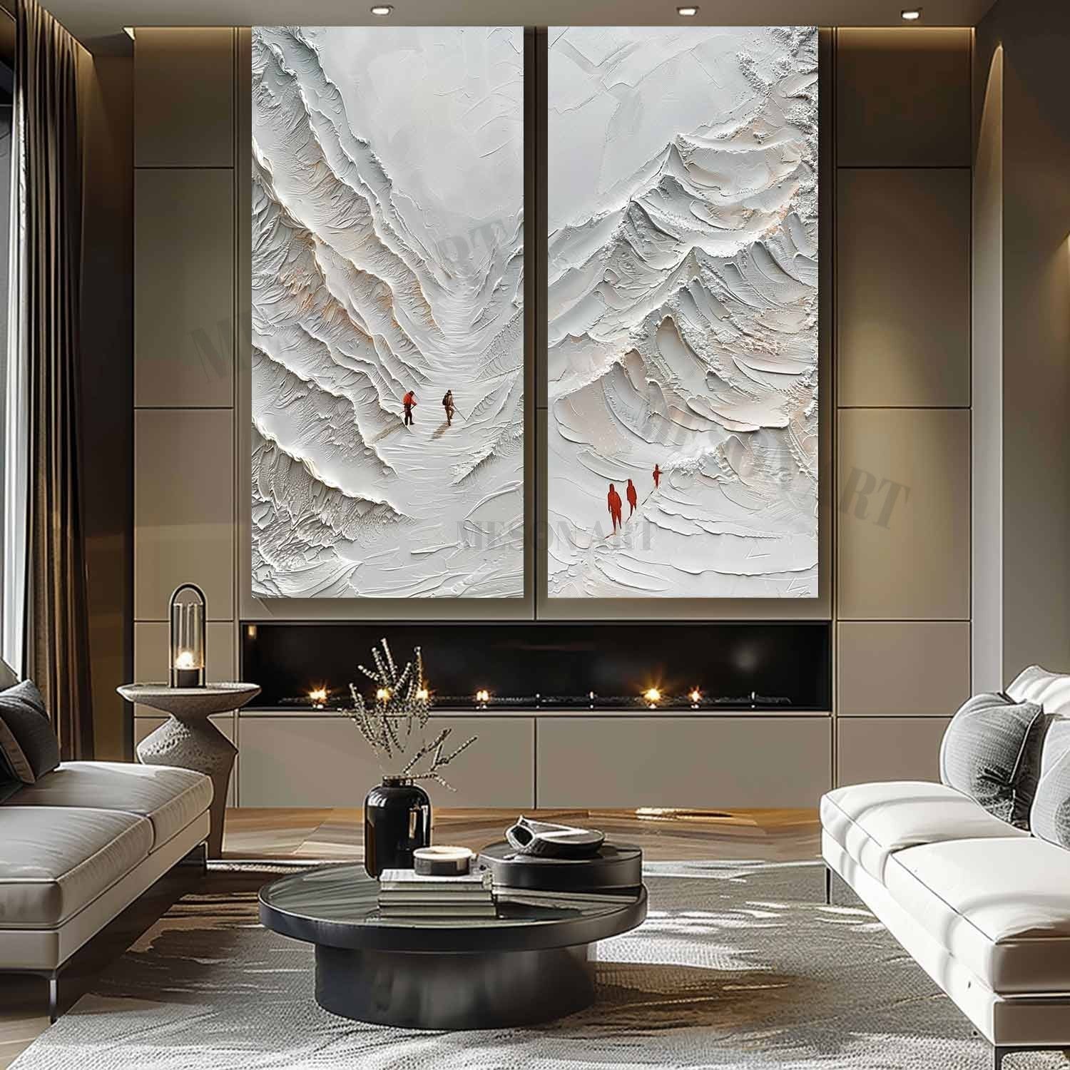 Large 3D White Snow Mountain Texture Painting Set of 2 White Mountain Climber Canvas Wall Art