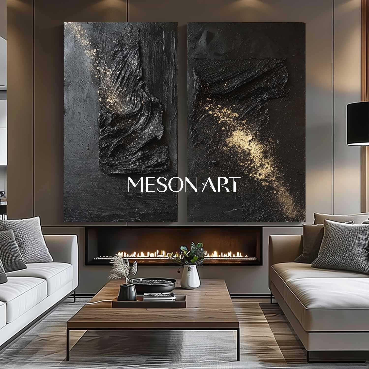 Large 3D Black and Gold Abstract Art Set of 2 for Sale Modern Fireplace Wall Art Decor