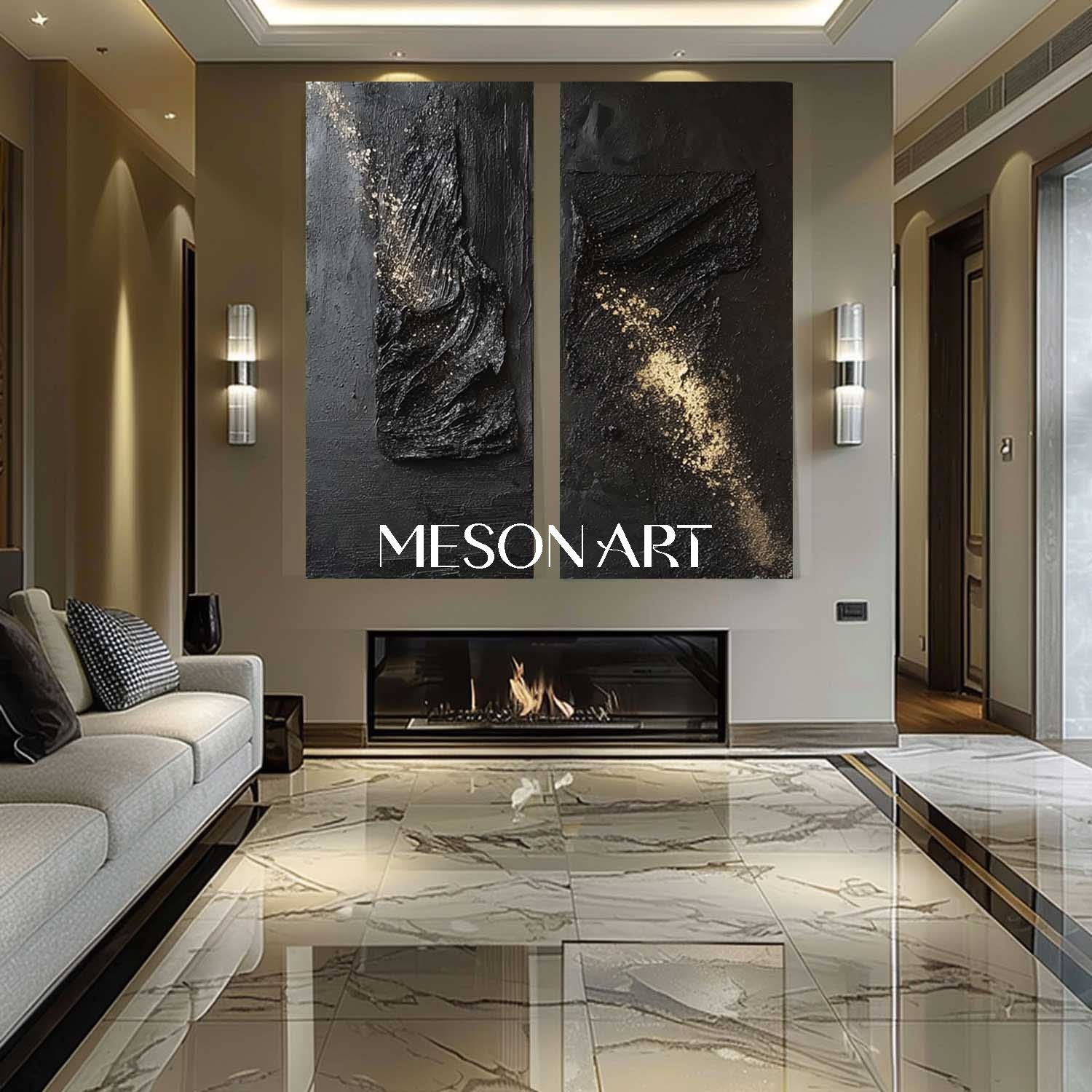 Large 3D Black and Gold Abstract Art Set of 2 for Sale Modern Fireplace Wall Art Decor