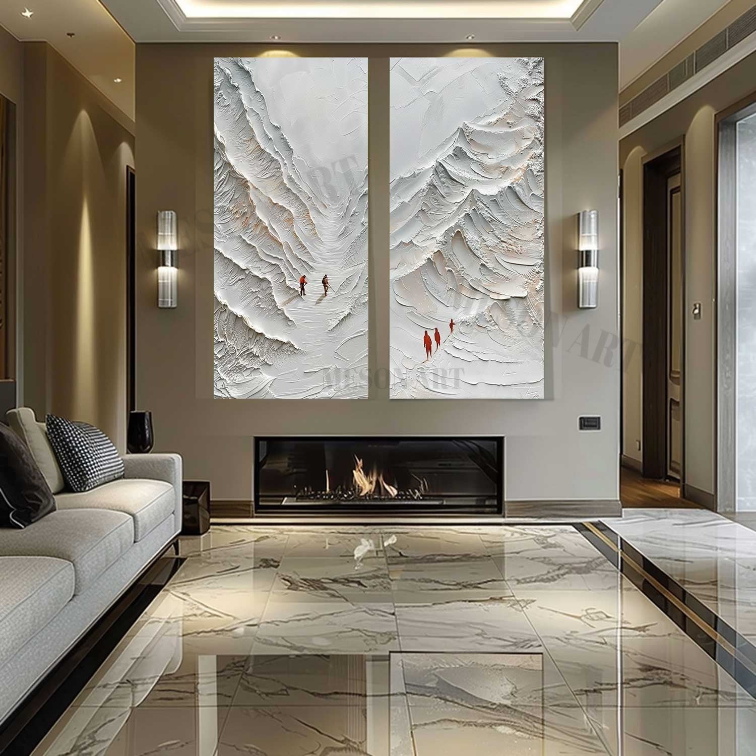 Large 3D White Snow Mountain Texture Painting Set of 2 White Mountain Climber Canvas Wall Art