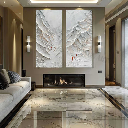 Large 3D White Snow Mountain Texture Painting Set of 2 White Mountain Climber Canvas Wall Art