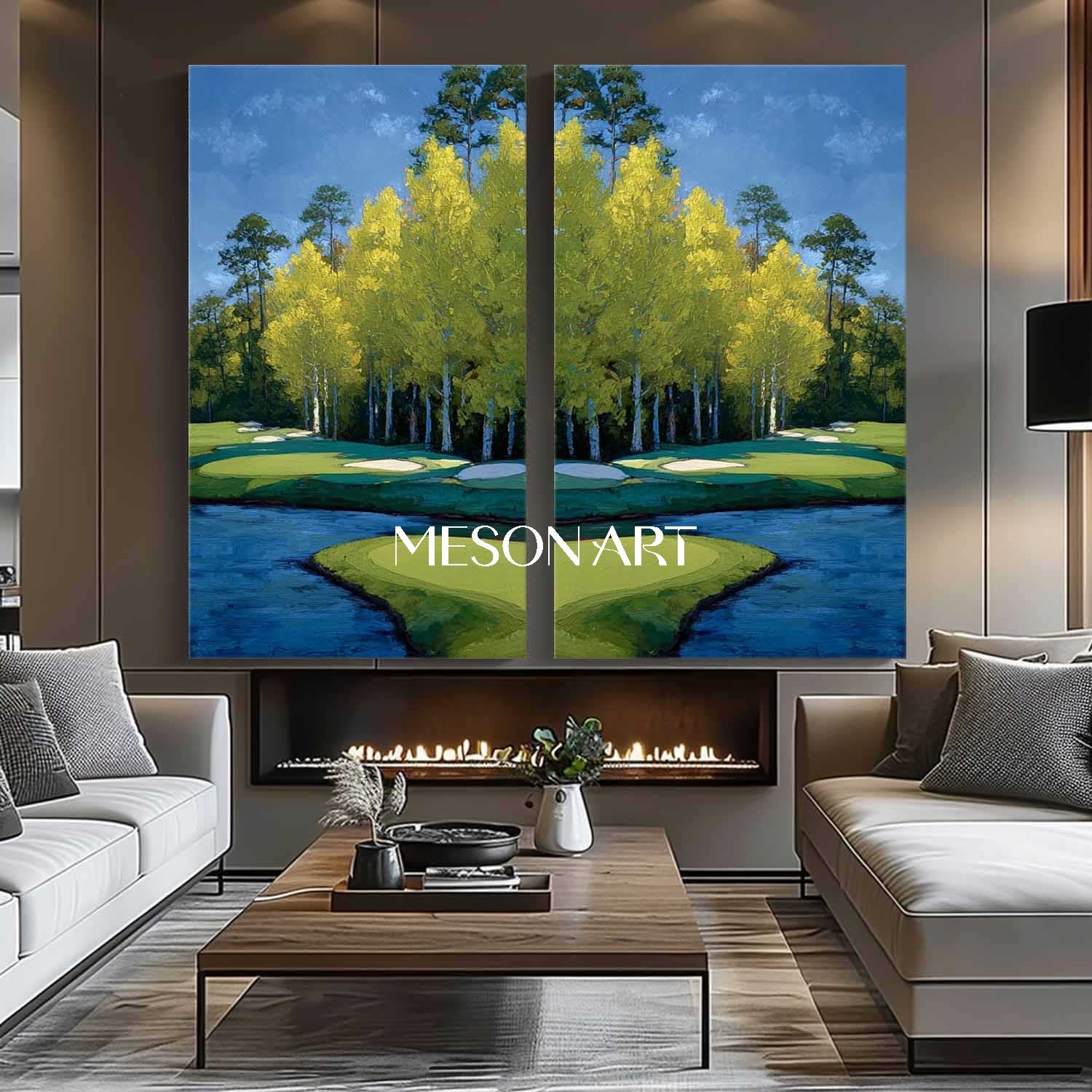 Large Handmade Blue Landscape Painting 2-piece Set Scenary Art Hallway