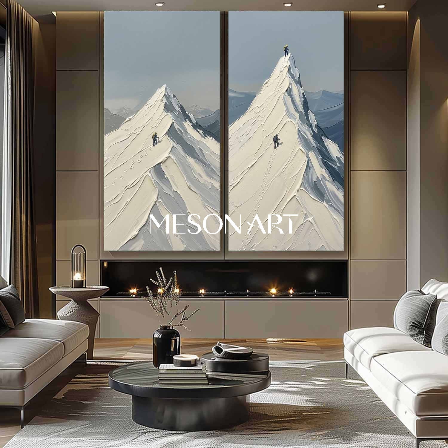 Hand-painted Thick Impasto Mountain Climber Oil Painting Diptych Wall Art | MesonArt