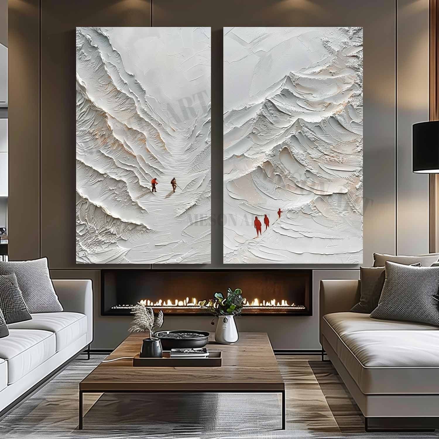 Large 3D White Snow Mountain Texture Painting Set of 2 White Mountain Climber Canvas Wall Art