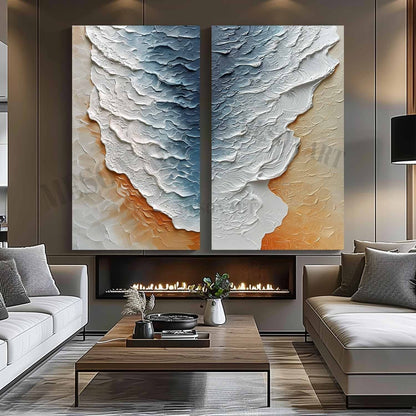 Large 3D White and Blue Ocean Wave Beach Texture Painting Set of 2 Ocean Wave Beach Canvas Wall Art