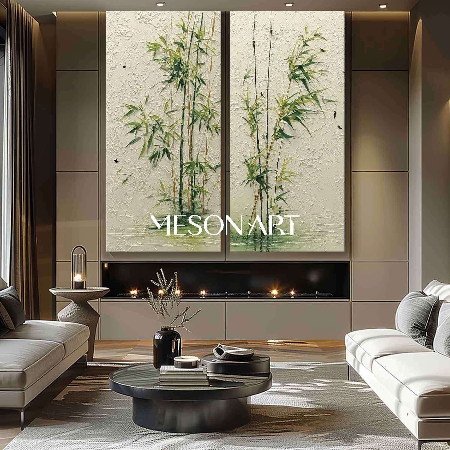 Large 2-piece Minimal Bamboo Forest Painting for Calm Entryways | Mesonart Future Earth Collection