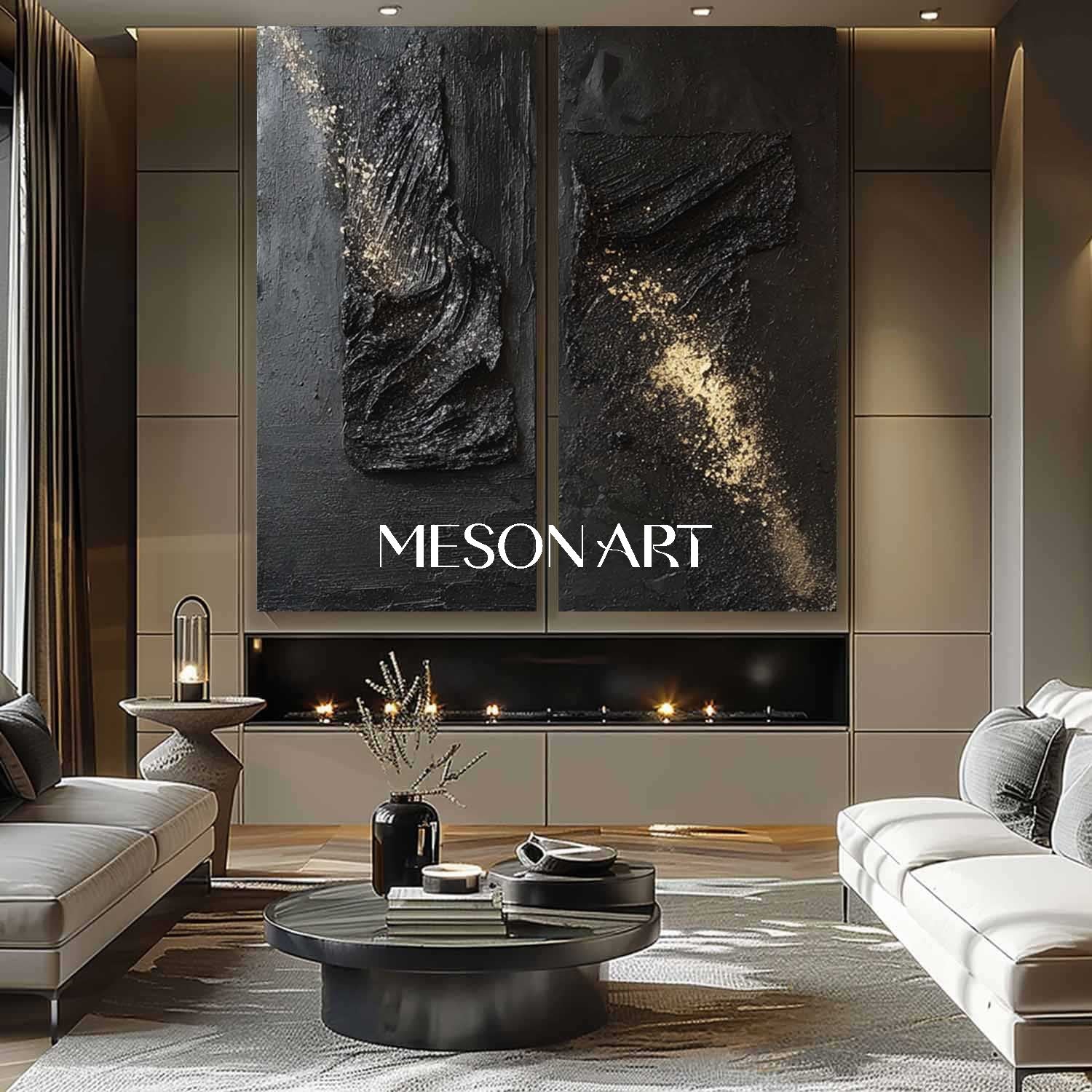 Large 3D Black and Gold Abstract Art Set of 2 for Sale Modern Fireplace Wall Art Decor