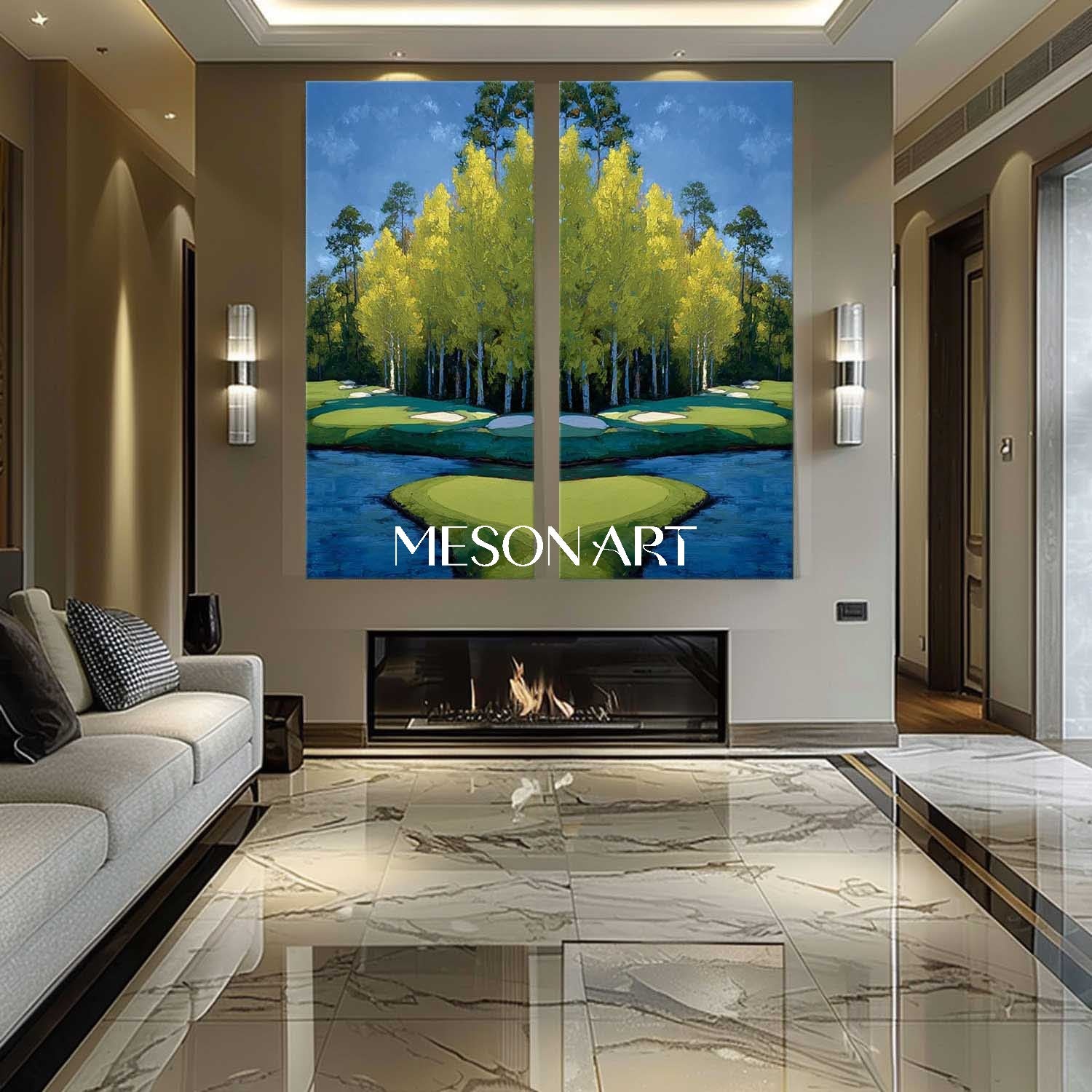 Large Handmade Blue Landscape Painting 2-piece Set Scenary Art Hallway