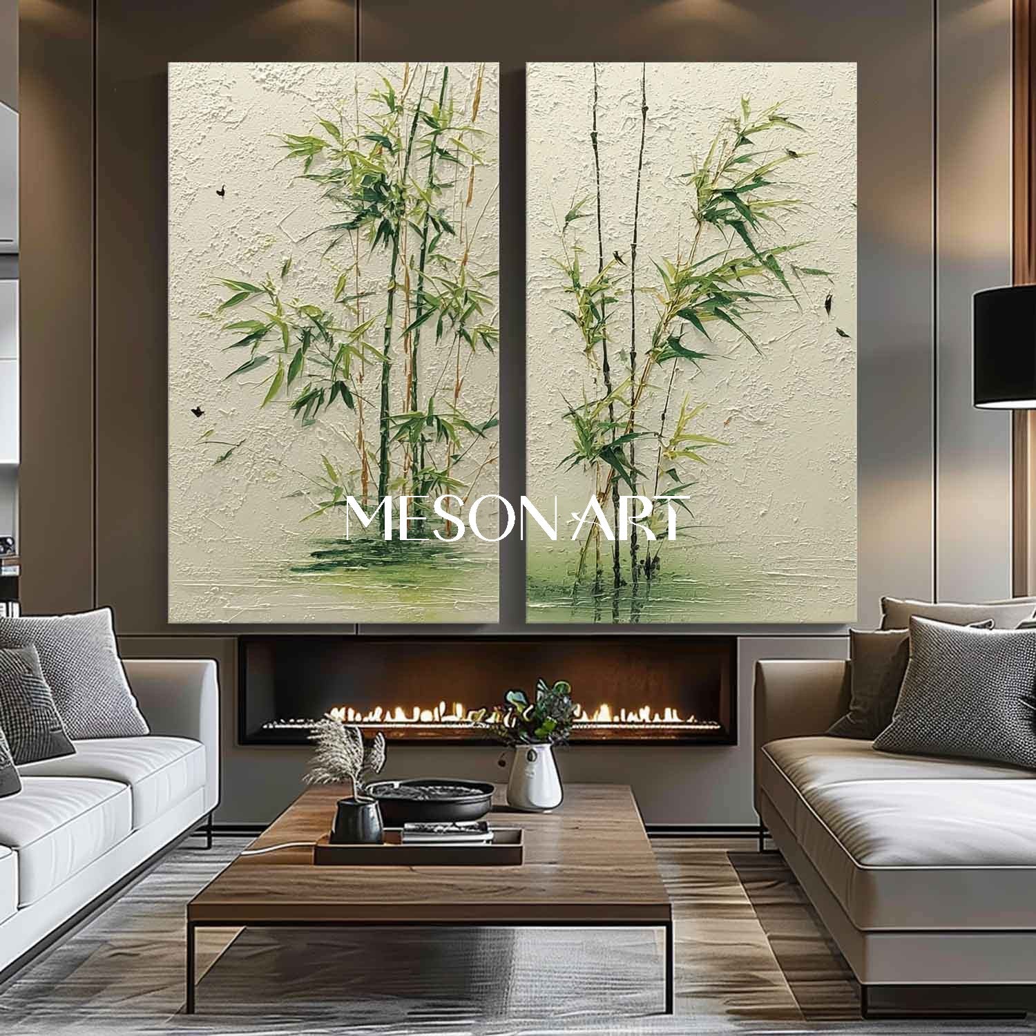Large 2-piece Minimal Bamboo Forest Painting for Calm Entryways | Mesonart Future Earth Collection
