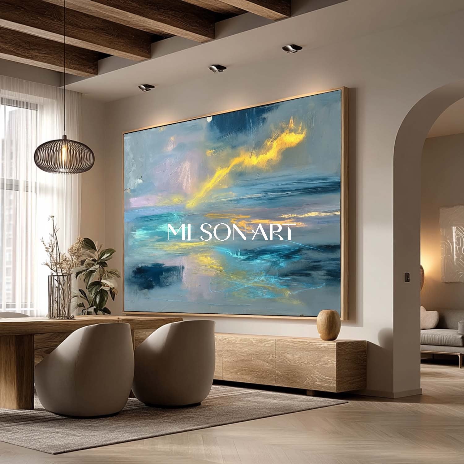 Gray Blue Abstract Oil Painting Large Coastal Style Wall Art Decor