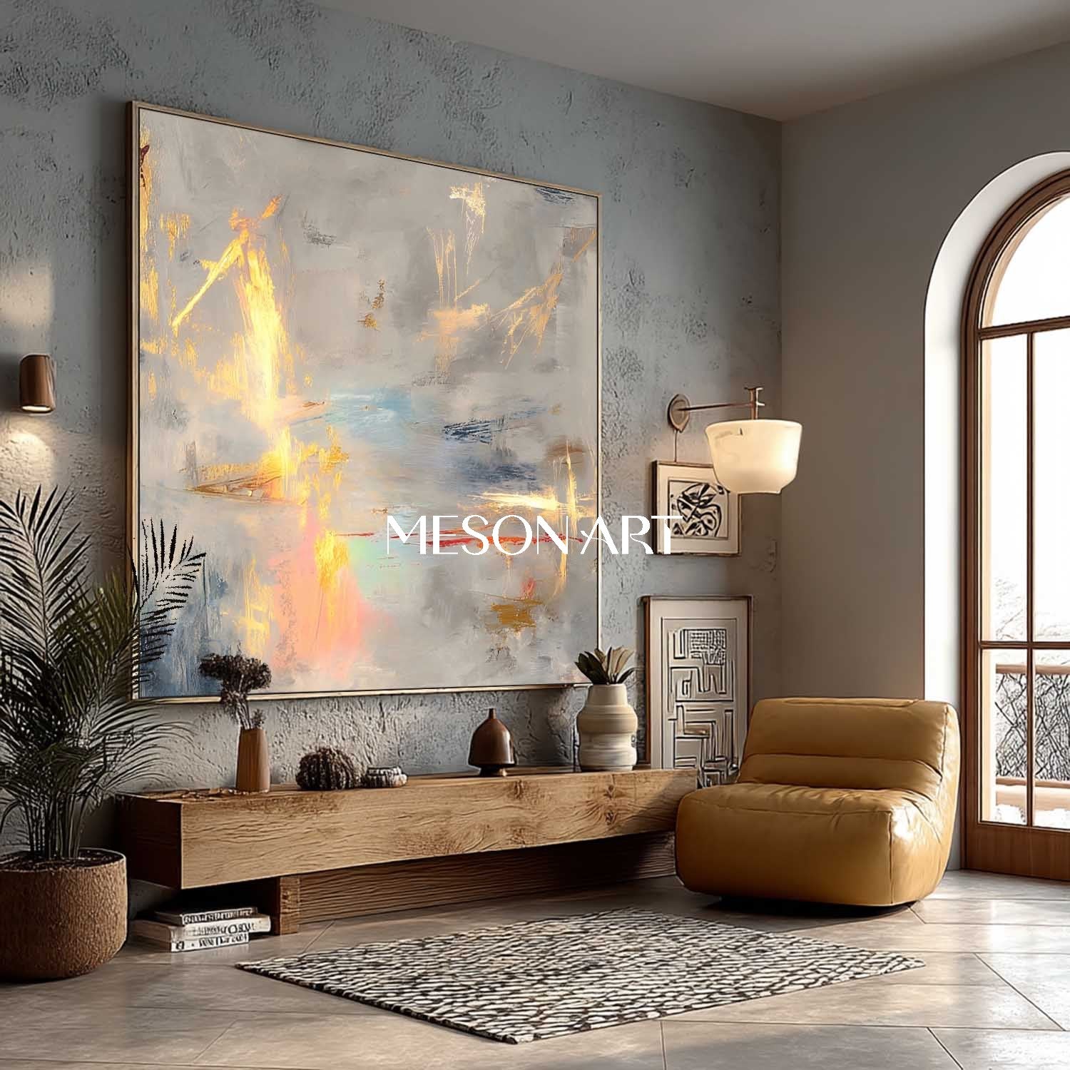 Gold Gray Modern Abstract Bedroom Painting Large Framed Wall Art