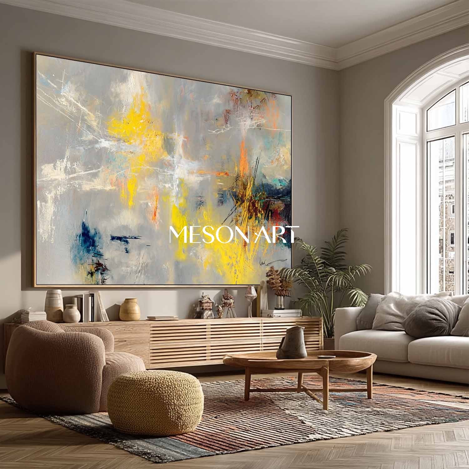 Gray Gold Contemporary Hand-Painted Canvas Oversized Bedroom Wall Art