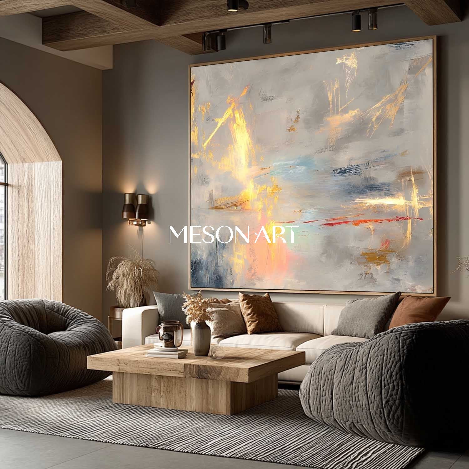 Gold Gray Modern Abstract Bedroom Painting Large Framed Wall Art