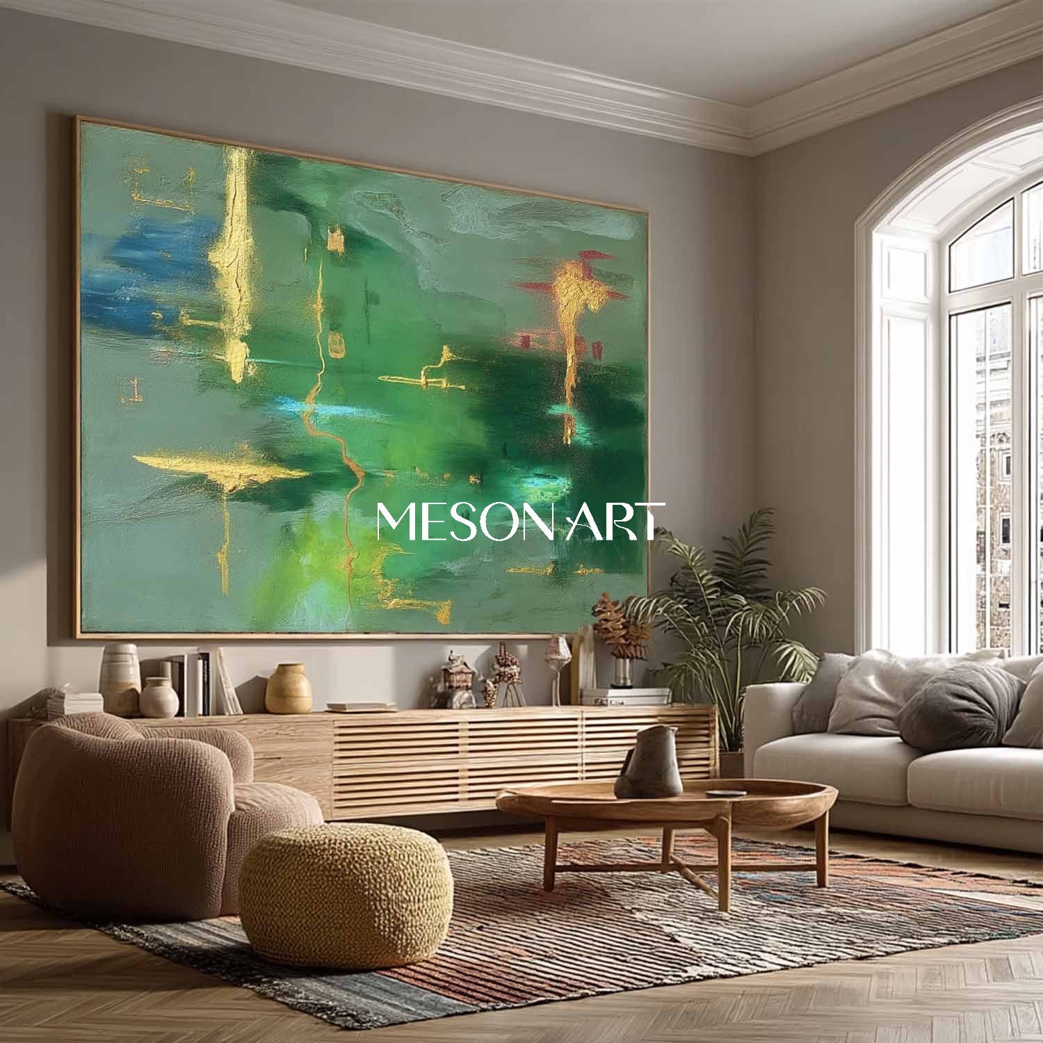 Emerald Green Abstract Canvas Art with Gold Texture Contemporary Style