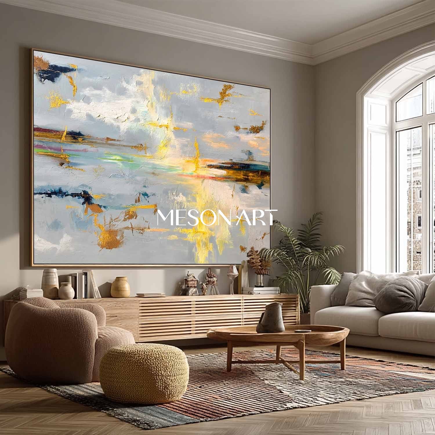 グレーゴールド抽象特大絵画水平リビングルームのアート装飾 – MesonArt