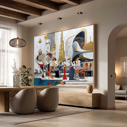 Colorful Cubism Abstract Painting Oversized Horizontal Wall Art
