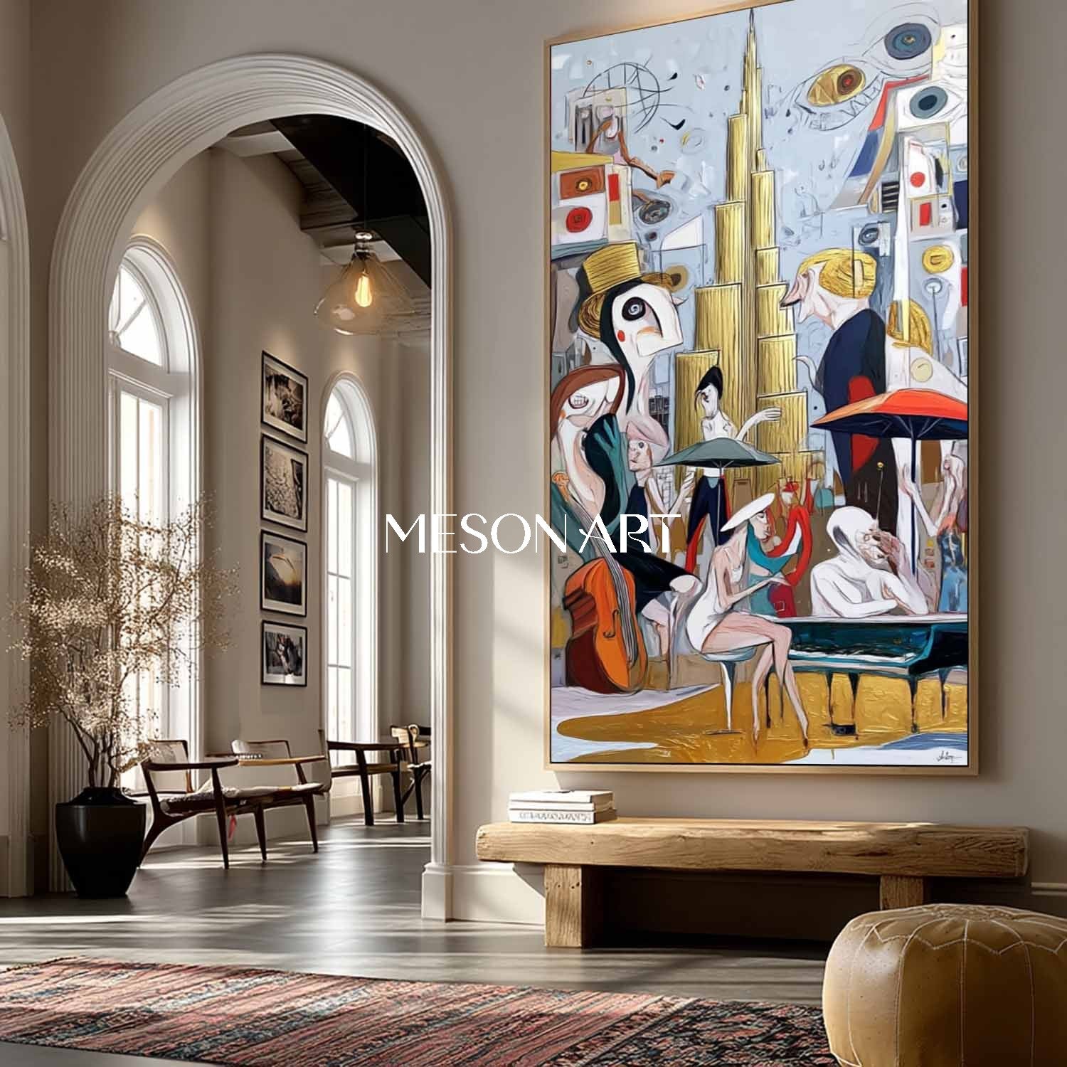 Vertical Abstract Cubism Hand Painted Custom Canvas Entryway Wall Art