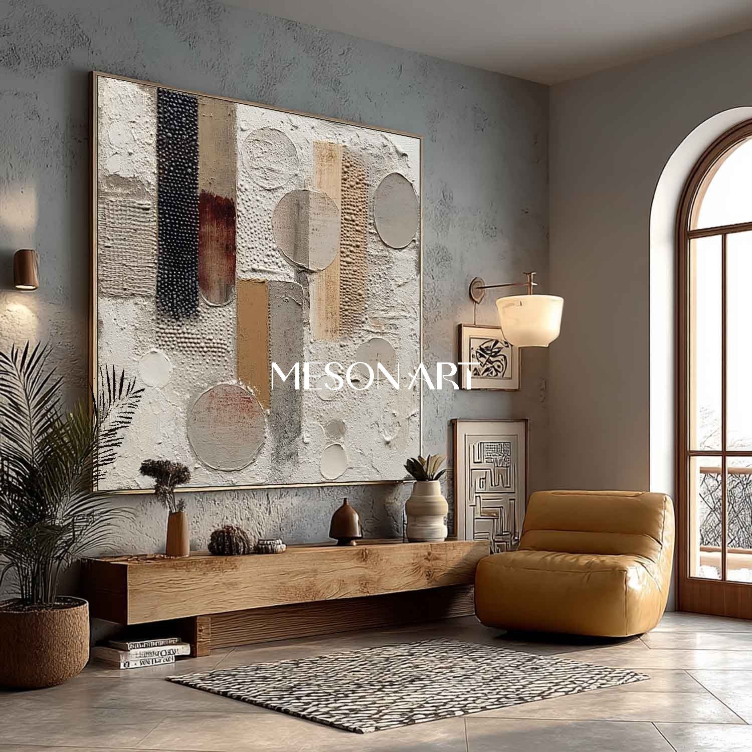 Minimalist Textured Large Beige Canvas Hand-Painted Plaster Wall Art