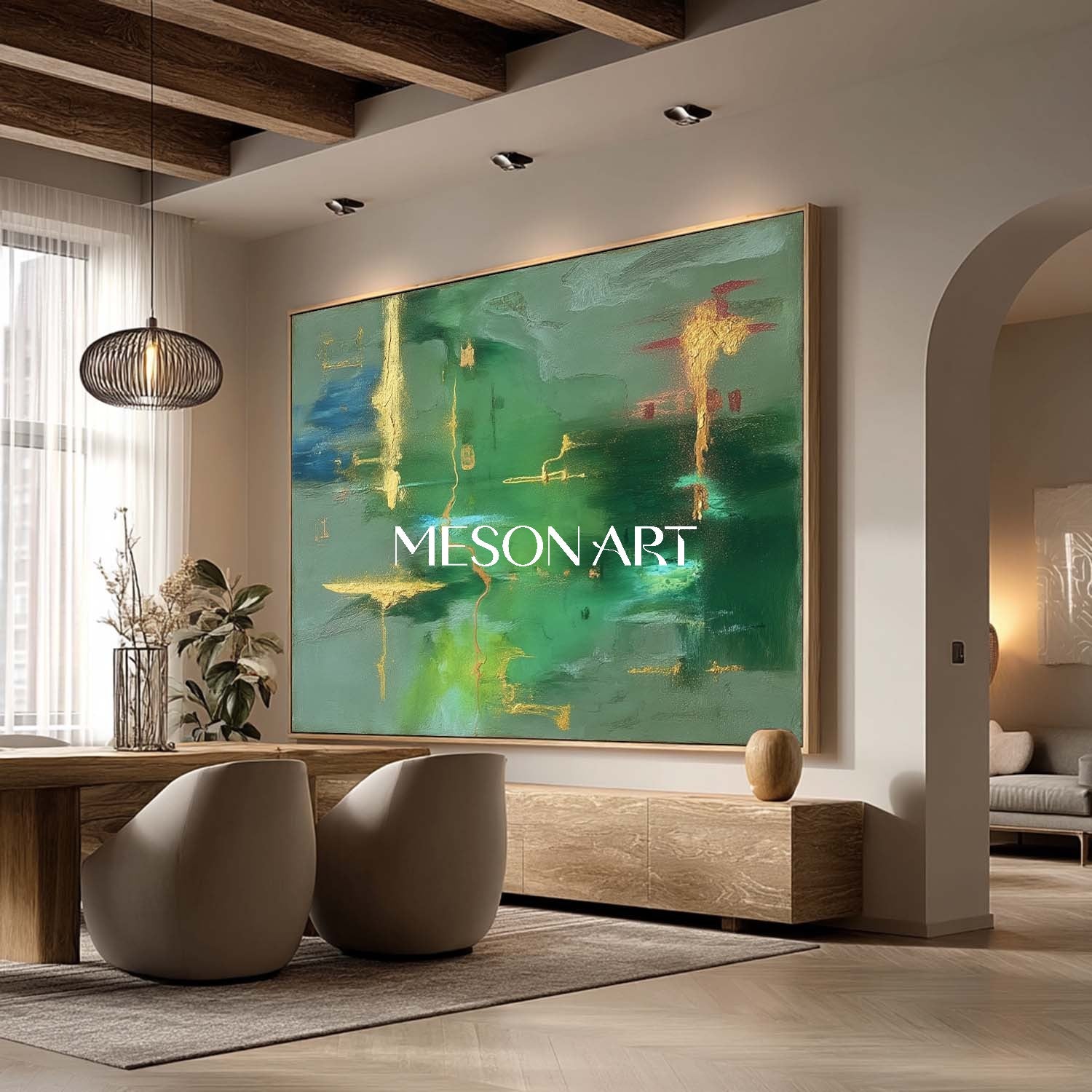 Emerald Green Abstract Canvas Art with Gold Texture Contemporary Style