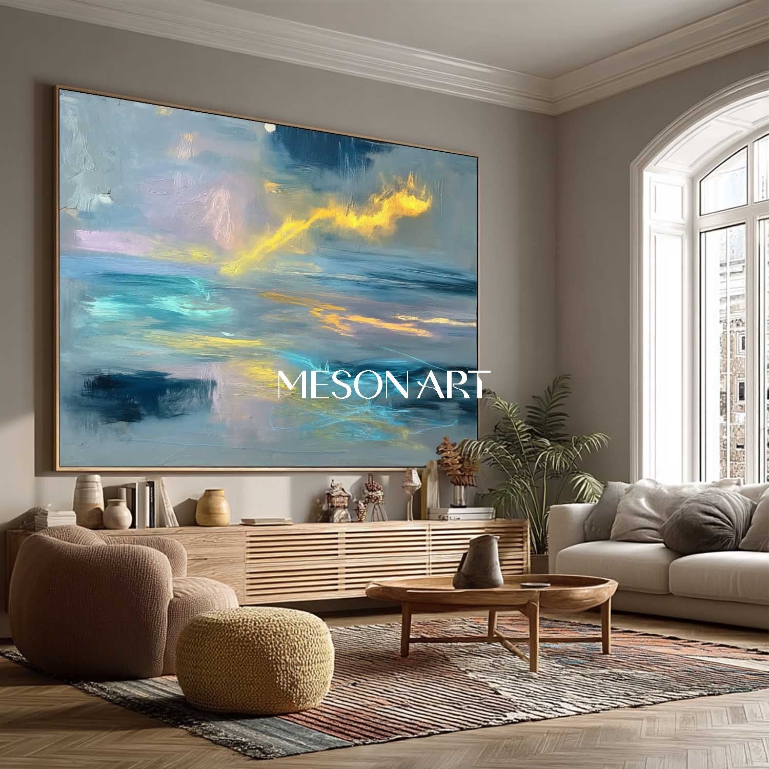 Gray Blue Abstract Oil Painting Large Coastal Style Wall Art Decor