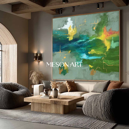 Green Abstract Large Painting Handmade Colorful Wall Art Bathroom