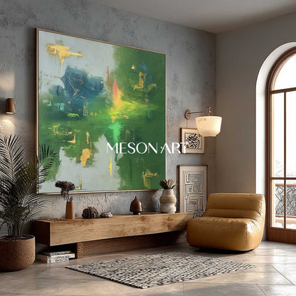 Buy Green Abstract Painting with Gold Accents Modern Square Canvas Art