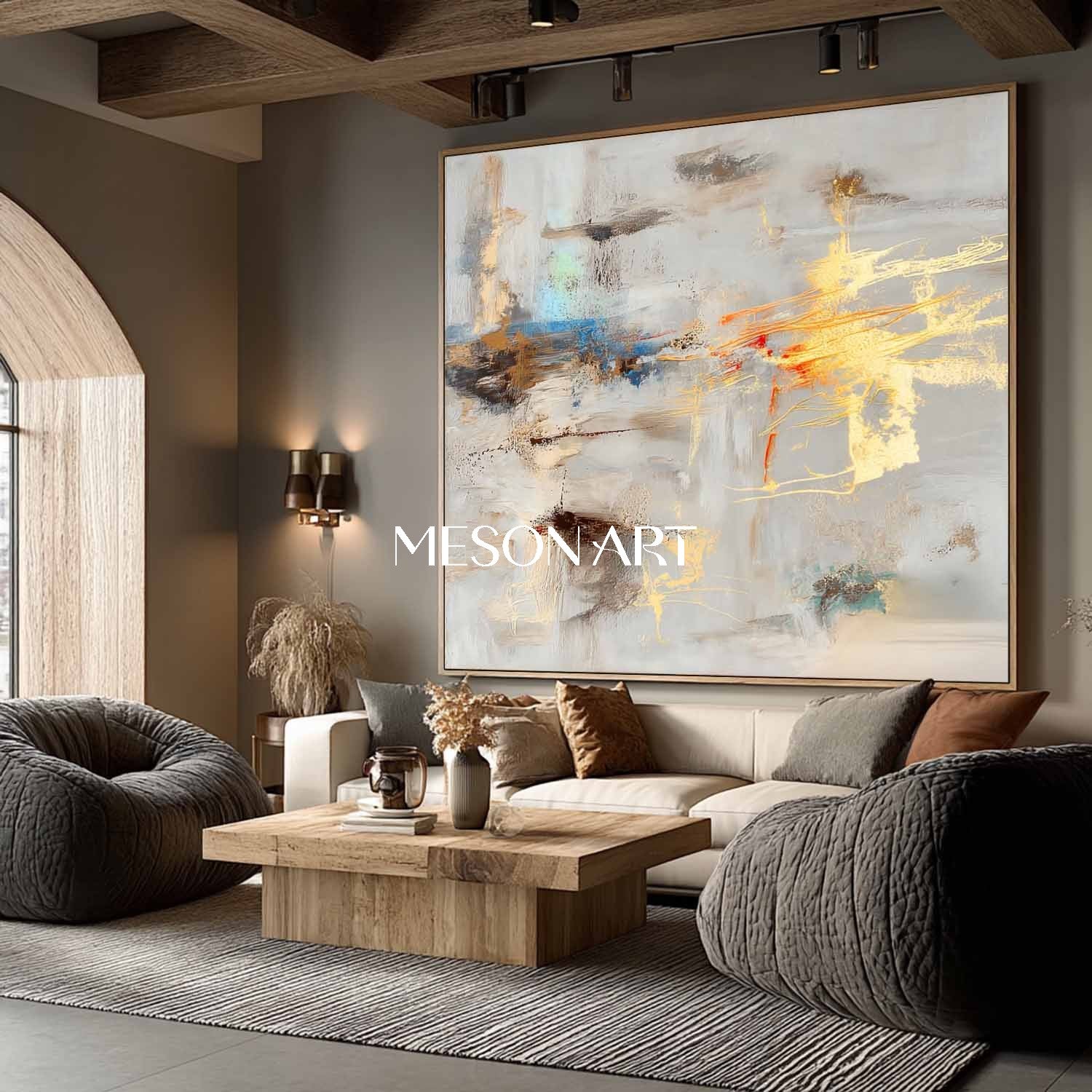 Gray Gold Abstract Textured Painting Large Square Living Room Wall Art