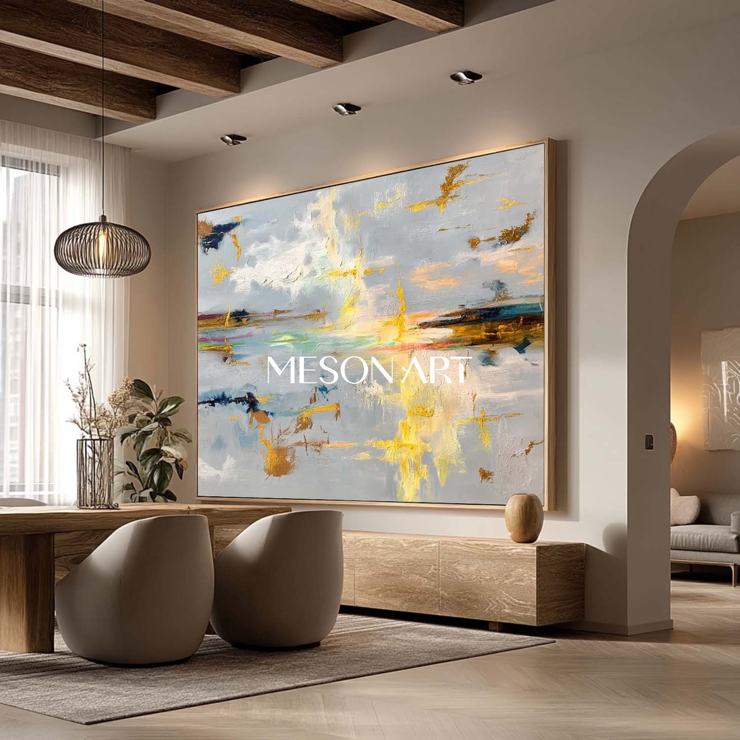 グレーゴールド抽象特大絵画水平リビングルームのアート装飾 – MesonArt