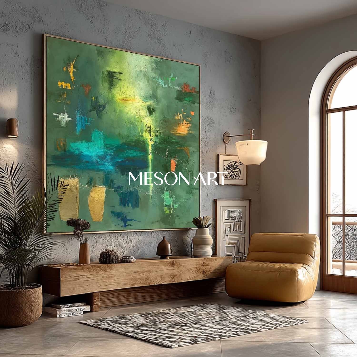 Large Green Abstract Rainforest Painting Vibrant Canvas Entryway