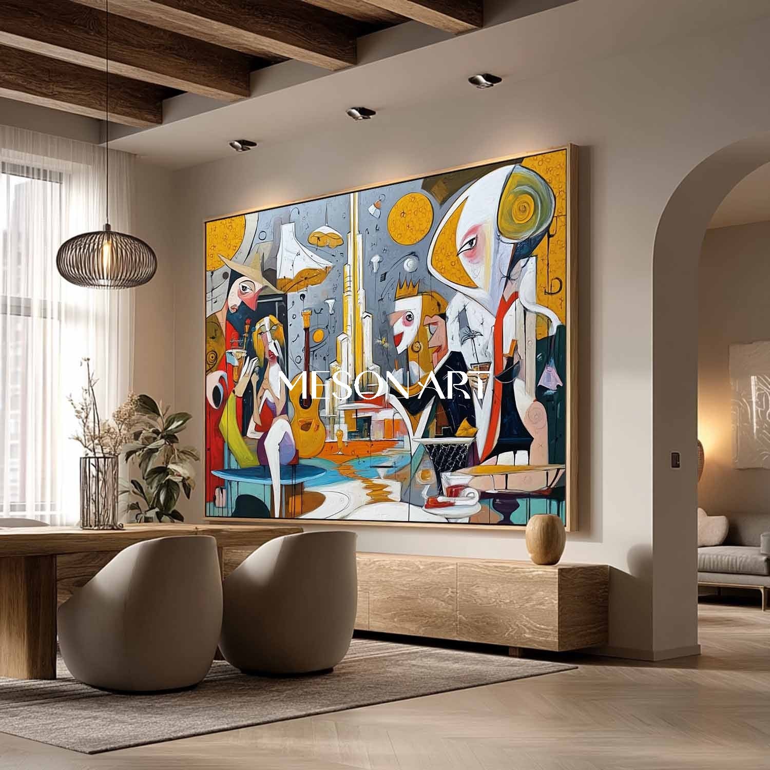 Modern Picasso Inspired Cubist Scene Large Wall Art for Dining Room