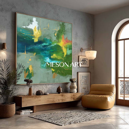 Green Abstract Large Painting Handmade Colorful Wall Art Bathroom