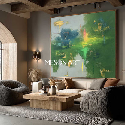 Buy Green Abstract Painting with Gold Accents Modern Square Canvas Art