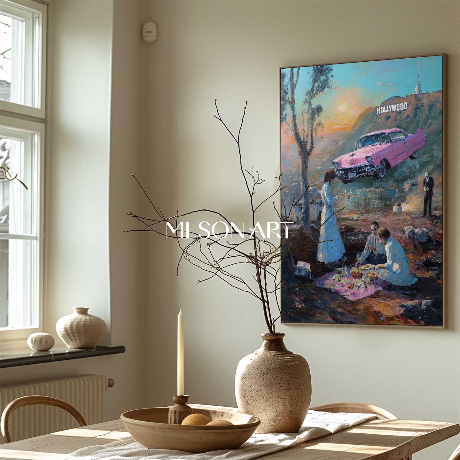 Surreal Pink Cadillac Floating Over Hollywood Picnic Scene Dreamy Art