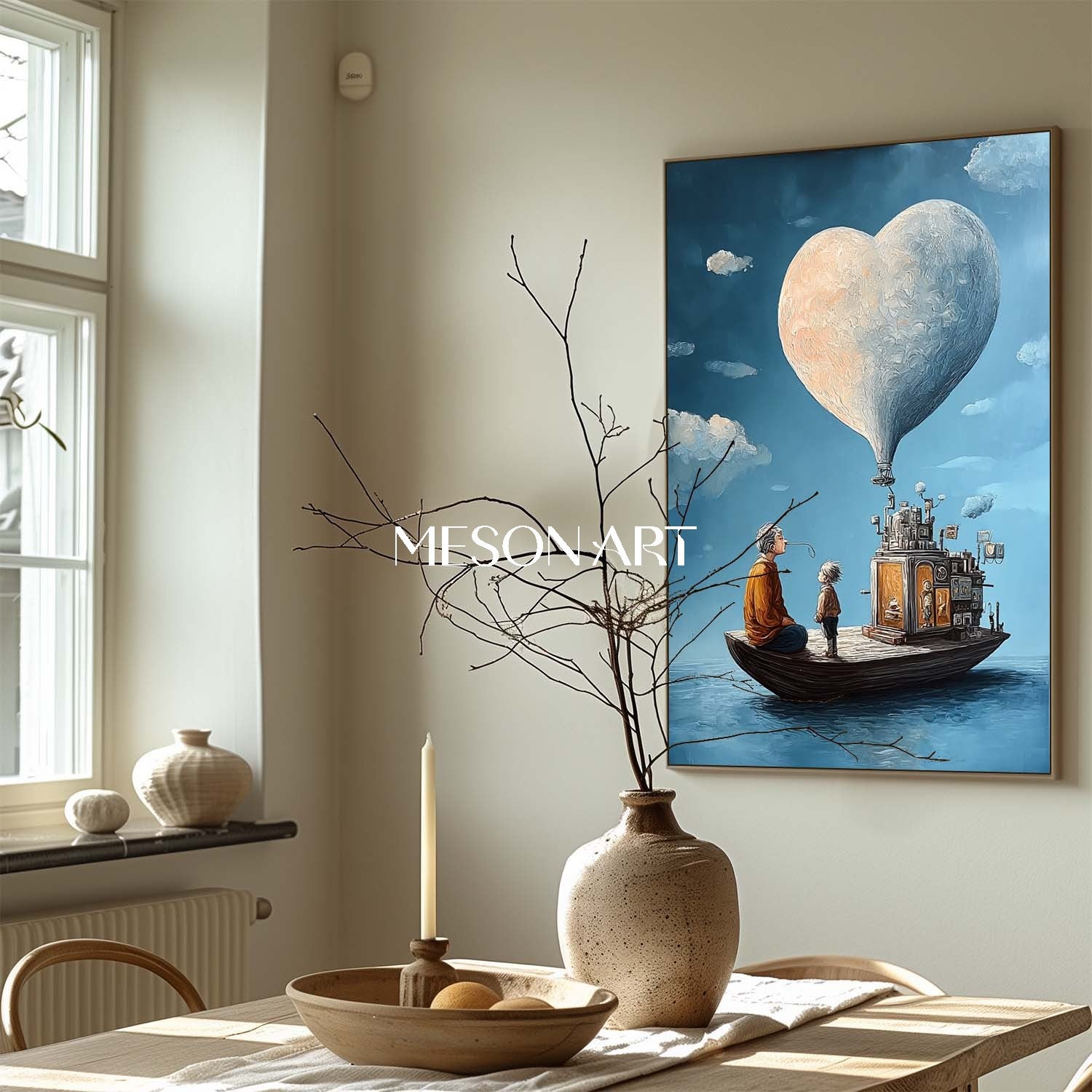 Blue Surreal Art Heart Balloon Boat Painting Large Living Room Canvas