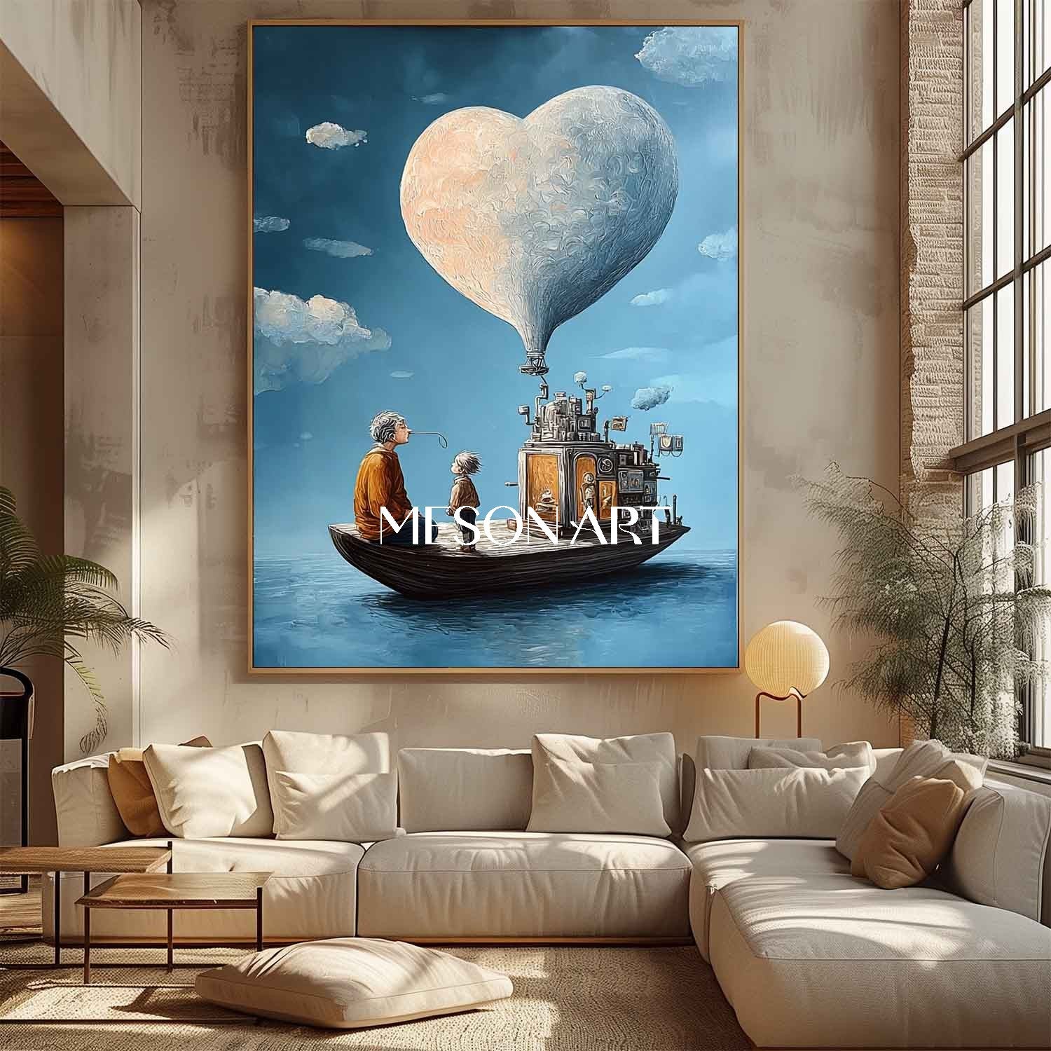 Blue Surreal Art Heart Balloon Boat Painting Large Living Room Canvas
