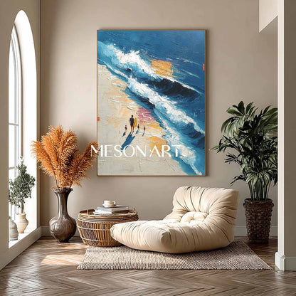 Large 3D Family Beach Surf Wall Art Family Beach Walking Lovers Abstract Texture Canvas Painting