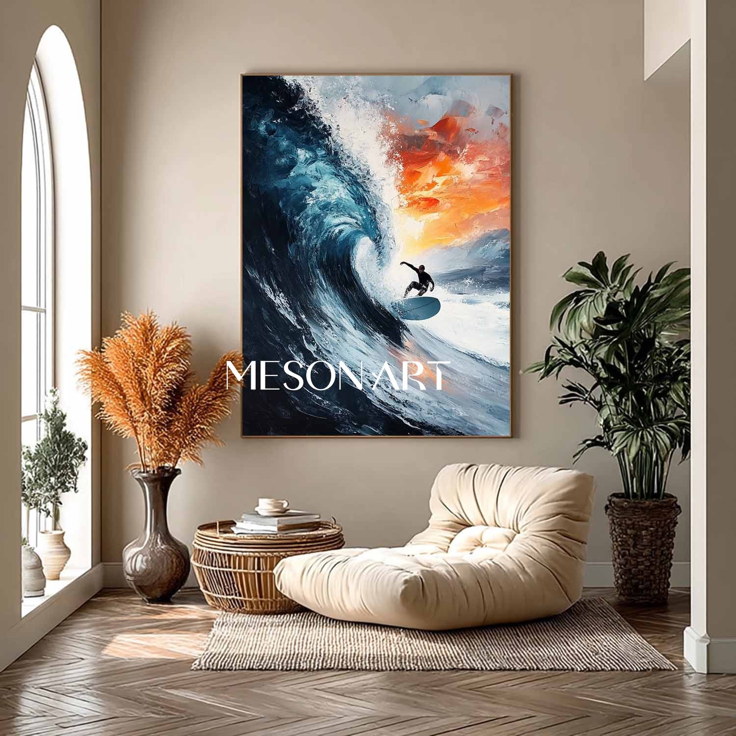 Large 3D Surfer Canvas Wall Art Decor Surfer Texture Painting Seaside Surf Wall Art