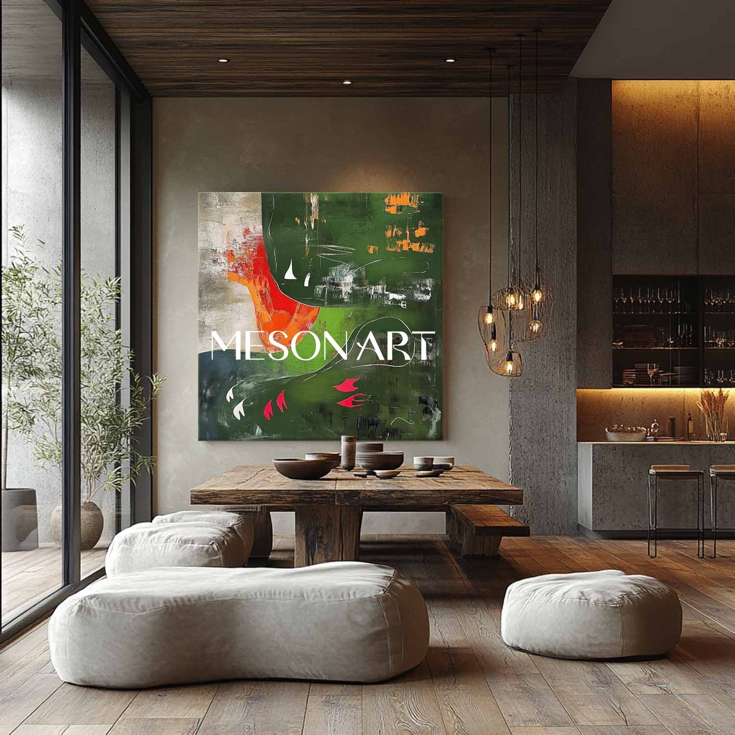 Contemporary dark green abstract art for sale Green minimalist paintings Green wall canvas art decor