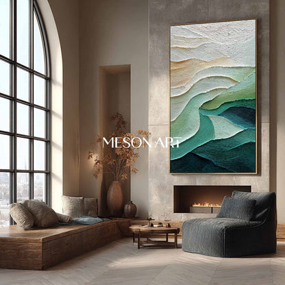 White and Green Abstract Texture Painting Modern Green Abstract Wall Art for Living Room Décor