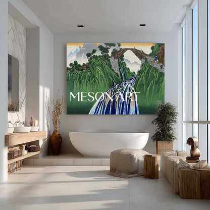 MesonArt 3D Textured Green Mountain & Bridge Oil Painting - Impasto Waterfall Landscape Wall Art