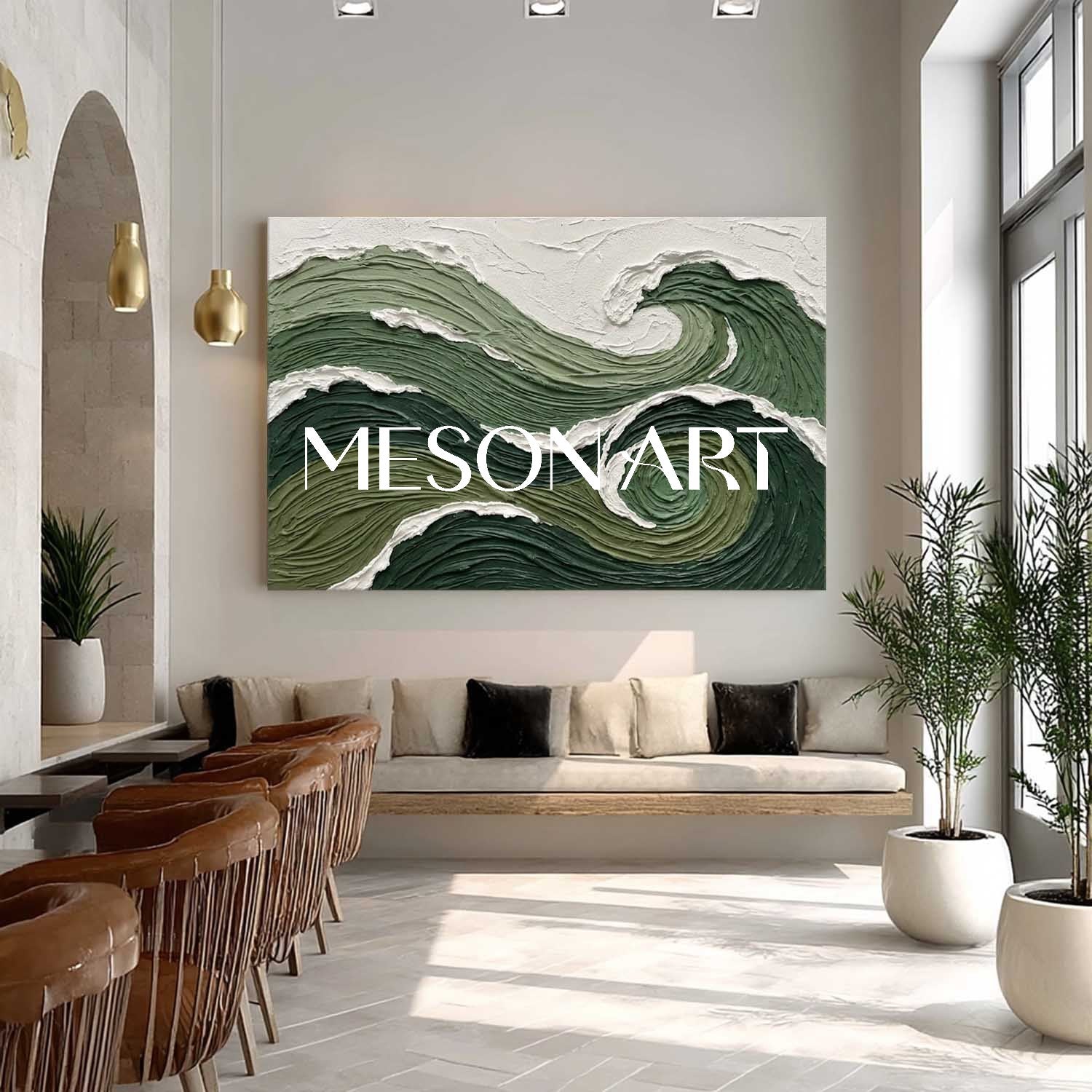 Dark Green Wave Art Horizontal Forest Green Abstract Wave Swirling Ocean Abstract Painting